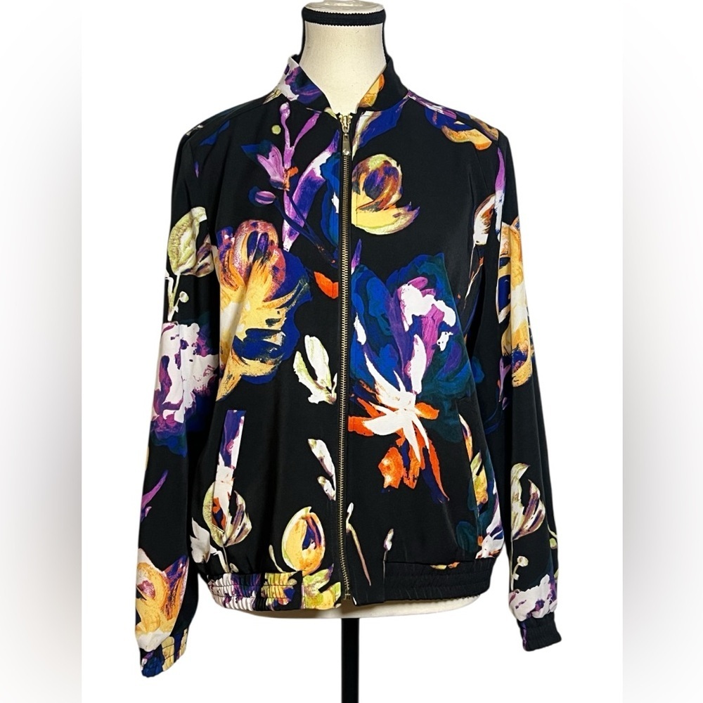 Susan Graver Floral Print Full Zip Bomber Jacket Gold tone zipper pockets Small - Picture 2 of 9